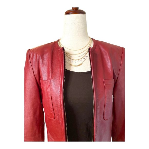 Jones New York Jackets & Blazers - Jones New York Leather Jacket Women US 4 Lux Cherry Red Cropped Moto Zip Up